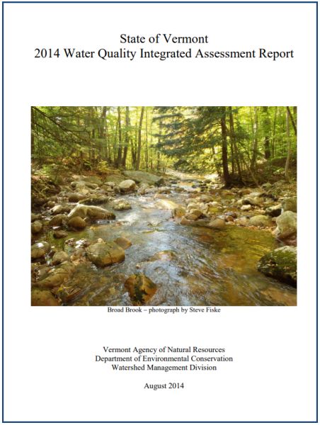 A screenshot of the cover of the 2014 WQ Assessment Report.  It shows a clear rocky stream running through a forest.