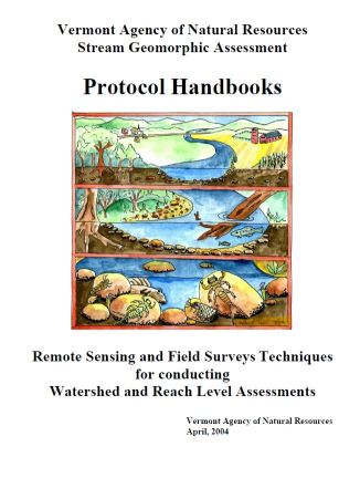 Stream Geomorphic Assessment Protocol Handbook Cover, drawing of a river corridor, including both above and underwater features