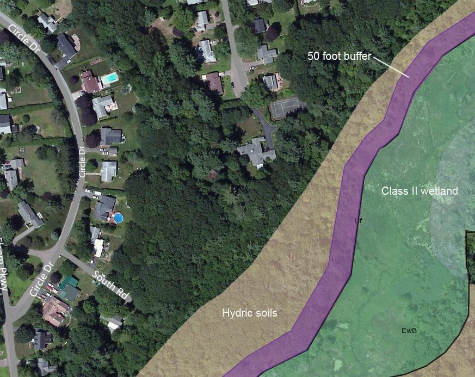 Arial view of ANR Natural Resource Atlas map depicting wetlands buffer zone