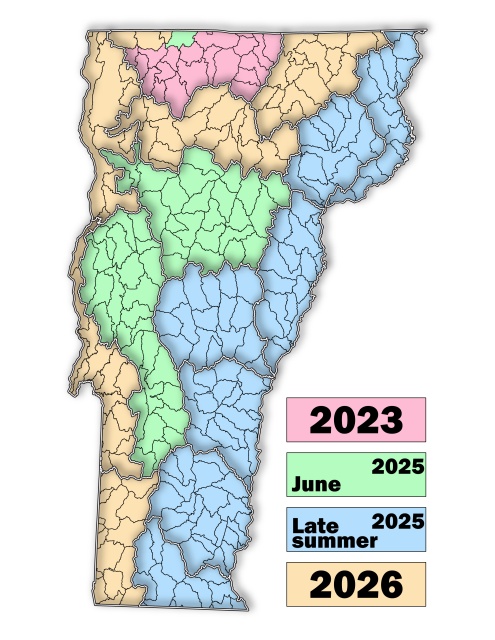 A map of Vermont with watersheds outlines and highlighted in four different colors to show when National Wetland Inventory updates are expected to be completed by.