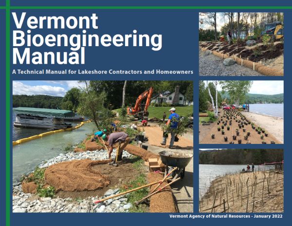 A screenshot of the cover of the Bioengineering Manual. It contains four pictures. Each shows various techniques including planting of live vegetation and use of coir rolls.