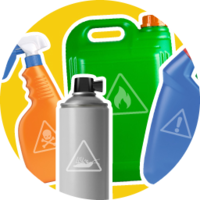 Circular image with shapes of common product packing for household hazardous products, including symbols used to demonstrate hazardous characteristics such as flammable, toxic, etc. 