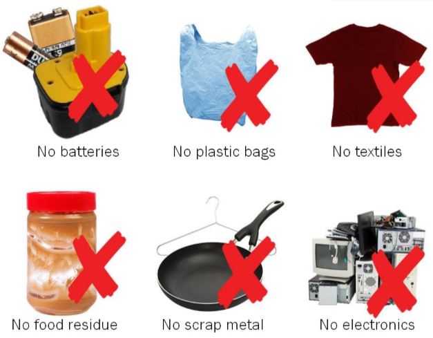 Don't put batteries, plastic bags, textiles, dirty containers, scrap metal, or electronics in your blue bin.