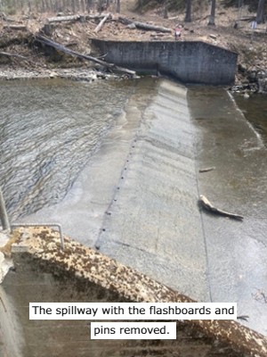 The spillway with the flashboards and pins removed. 