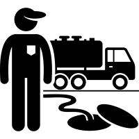 Icon of person standing in front of pumper truck and next to septic tank cover, linking to maintenance handout.