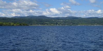 vista of Lake Champlain with mountains in background