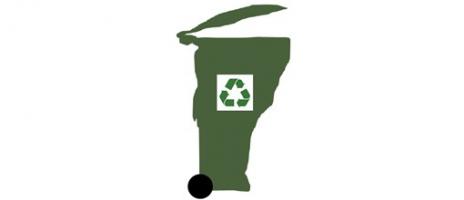 The shape of Vermont configured as a trash tote with the lid slightly open and the chasing arrows recycling symbol on the side