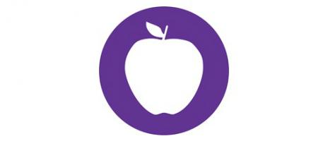 Food donation symbol with a white apple on a purple background