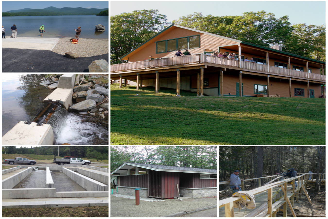 Collage: Conservation Camp, Fish Hatchery, Fishing Platform, Dam, etc...