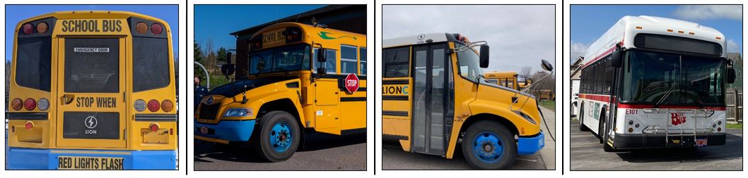 Photos of electric school and transit buses.