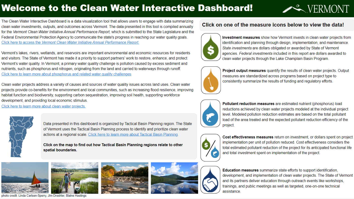 Screenshot of the homepage of the Clean Water Interactive Dashboard