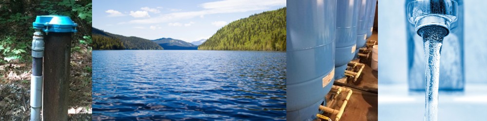 collage of water well head, lake, water tanks, faucet of running water