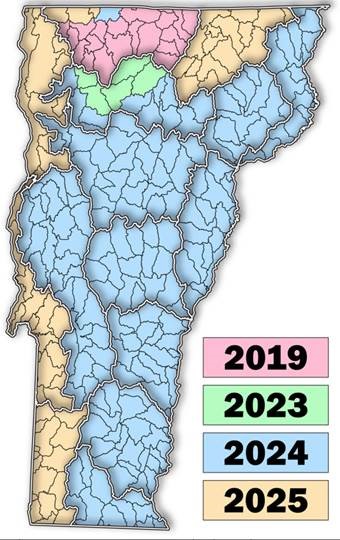 A map of Vermont with watersheds outlines and highlighted in four different colors to show when National Wetland Inventory updates are expected to be completed by.