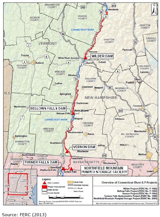 A map of southern Vermont and New Hampshire and Western Massachusetts.  Several dams are shown on the map and stretches of river are highlighted in red to show project impoundment. 