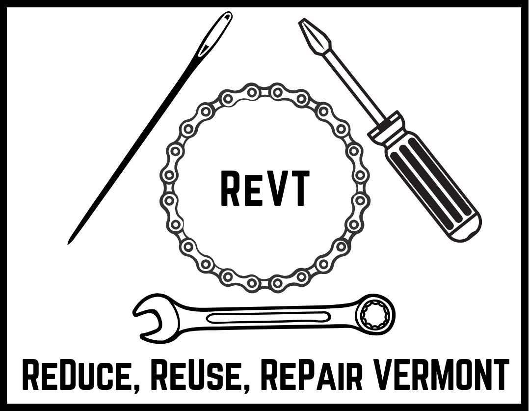A logo for ReVT, Vermont's repair and reuse network, containing a wrench, screwdriver, and sewing needle.