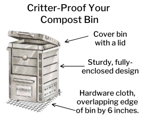 A critter-proof compost bin is sturdy, has a lid, and is placed over hardware cloth on the ground to deter burrowing animals. 