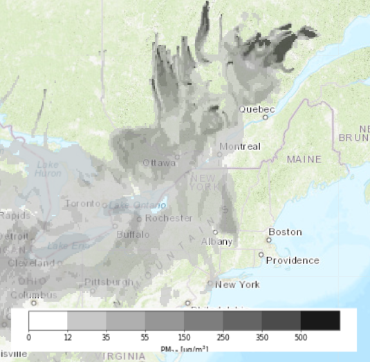 map of wildfire smoke projections over Vermont