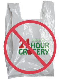 Plastic grocery bag overlaid by a red circle with a diagonal slash through it