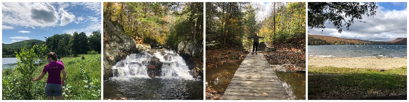 Four panels of pictures; 1. Riparian buffer, 2. waterfall, 3. person on trail bridge, 4. a lake 