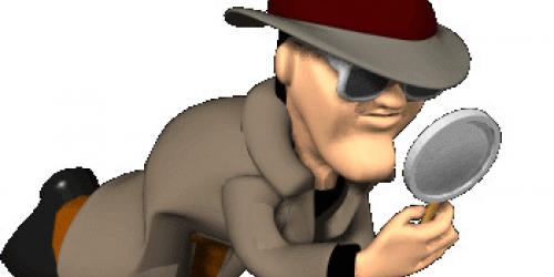 A cartoon of a man wearing a beige trench coat and fedora hat with brownish band.  He is on his hands and knees holding a magnifying glass looking for something.