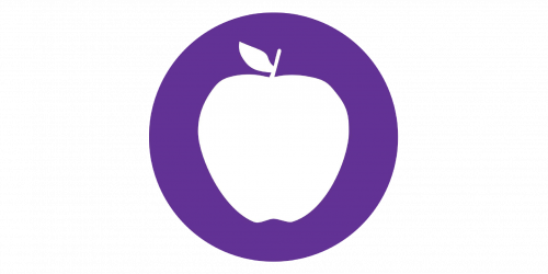 Food donation symbol with a white apple on a purple background