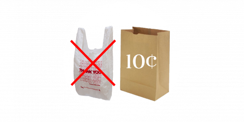 banned plastic shopping bag and a brown kraft paper shopping bag that can by bought for 10 cents