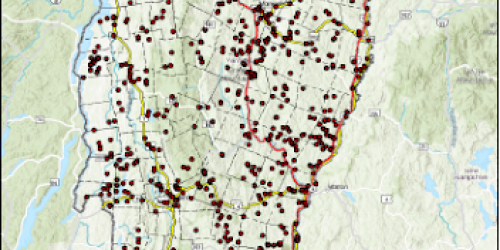map of Vermont with red dots indicating dams