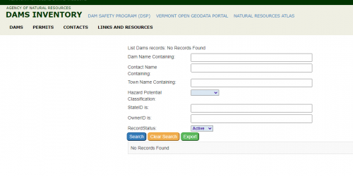 screenshot of Vermont Dam Inventory webpage