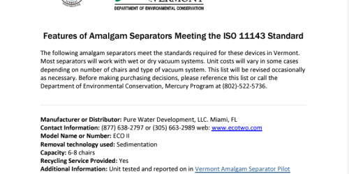 Image of the approved amalgam separators list document