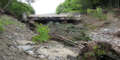 Kent pond spillway with massive erosion damage after tropical storm Irene