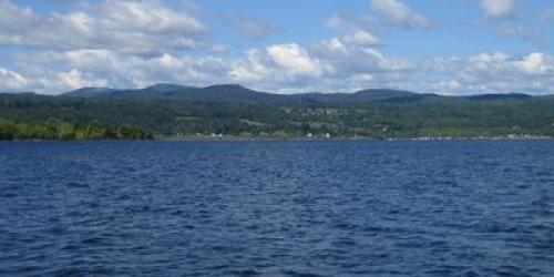 vista of Lake Champlain with mountains in background