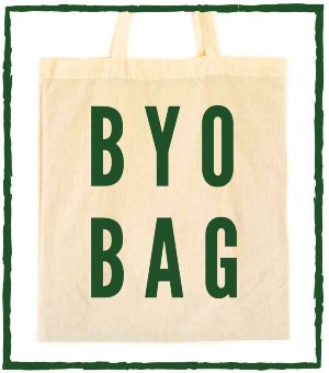 Photo of a cloth tote bag with the phrase "Bring Your Own Bag" on it