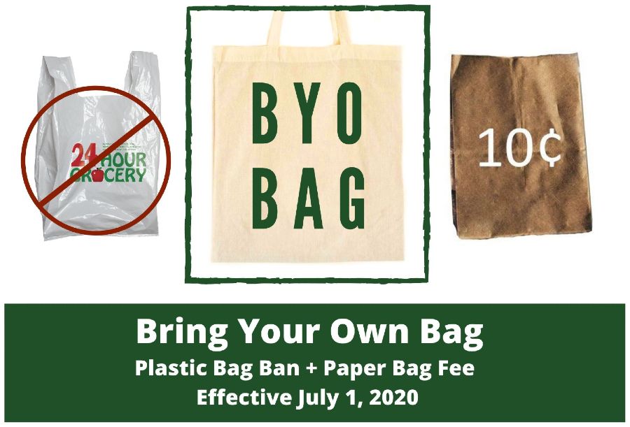 Single-use products info sign with photos of a single-use plastic bag with a red "banned" symbol, a cloth tote bag with the phrase "BYO" and a paper grocery bag with "10 cents" on it. The words "bring your own bag. Plastic bag ban and paper bag fee effective July 1, 2020" 