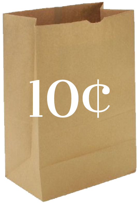 "a brown kraft paper shopping bag with '10 cents' written over it"