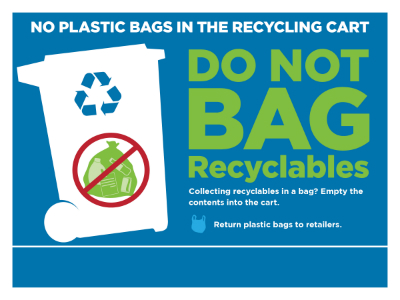  No plastic bags in the recycling cart. Do not bag recyclables. Collecting recyclables in a bag? Empty the contents into the cart. Return plastic bags to retailers. 