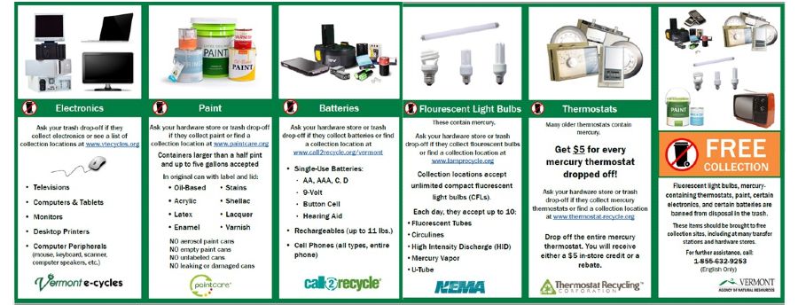 Image of brochure for Free recycling programs for electronics, paint, batteries, mercury-containing light bulbs, and other mercury-containing products.