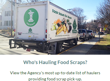 Truck with "Food scraps on board" - link to list of haulers providing food scrap pick-up