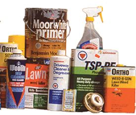 Photo of various cleaners, paints, and other products that are toxic and are considered Household Hazardous Waste
