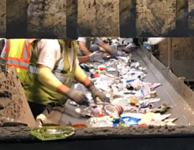 Photo of working sorting a conveyer belt of recyclables at a Materials Recovery Facility