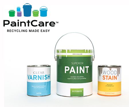PaintCare Logo and Cans of paint and varnish