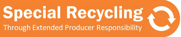 The words "special recycling through extended producer responsibility" next to the Special Recycling symbol with white arrows in the shape of a circle on an orange background.