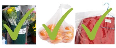 Photos of three types of plastic bags that are still allowed: bags for cut flowers, bags for produce and other loose items; bags for dry cleaning. Each image has a green check mark on it.
