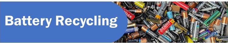 The words "battery recycling" on a blue background next to a photo of many AA batteries