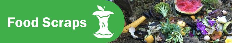The words "food scraps" next to the apple core on a green background compost symbol  and a photo of food scraps