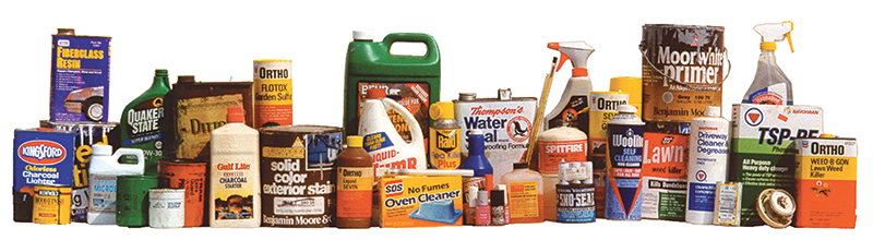 Photo of a variety of products that are considered Household Hazardous Waste because they are toxic, including paints, cleaners, and glues
