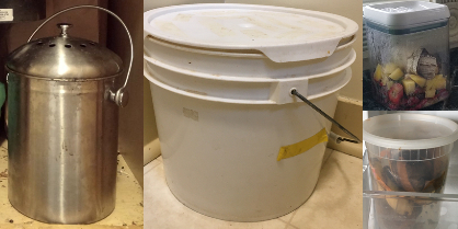Photo of four types of kitchen food scrap bins, including metal container, 5 gallon bucket, and clear plastic containers