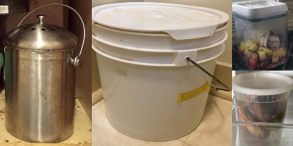 Photo of four types of kitchen food scrap bins, including metal container, 5 gallon bucket, and clear plastic containers. Decorative only.