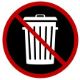 Landfill Ban symbol with a trashcan within a red circle with a rid line going diagonally across it
