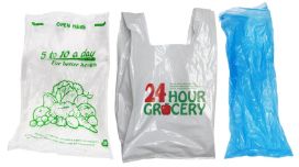 Photo of three types of plastic bags: a produce bag, a grocery bag, and a newspaper bag