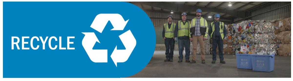 The word "recycle" next to the "chasing arrows" Recycling Symbol and a Photo from a Materials Recovery Facility, with four workers standing in front of baled recyclables